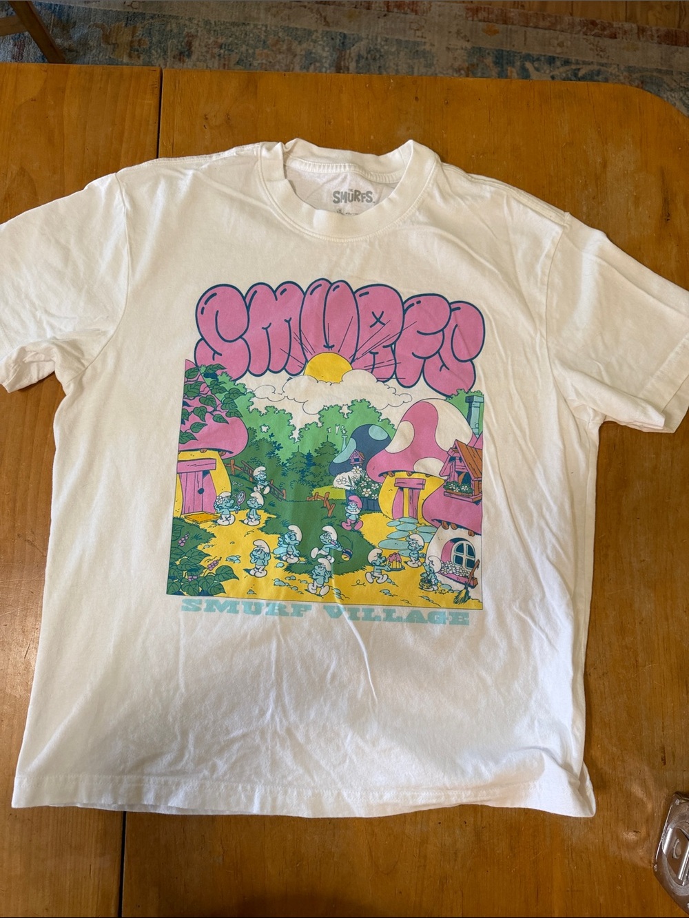 Smurfs Graphic Tee in White with Pink Artwork
